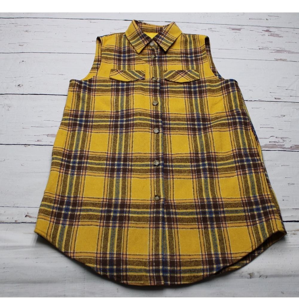 MINASELF Yellow Plaid Sleeveless Button Down Shirt dress Womens Lined